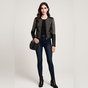 H&M women’s faux leather and tweed jacket with exposed zipper & low neck. Size 6